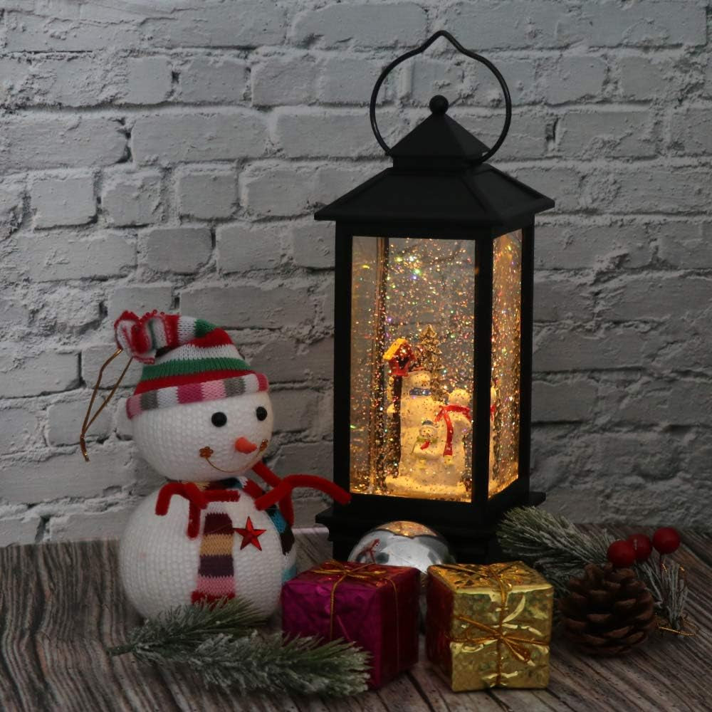 Christmas Snow Globe Lantern with Music, Battery Operated Lighted Swirling Glitter Water Lantern with Timer for Christmas Home Decoration, Snowman