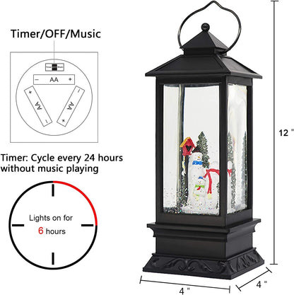 Christmas Snow Globe Lantern with Music, Battery Operated Lighted Swirling Glitter Water Lantern with Timer for Christmas Home Decoration, Snowman