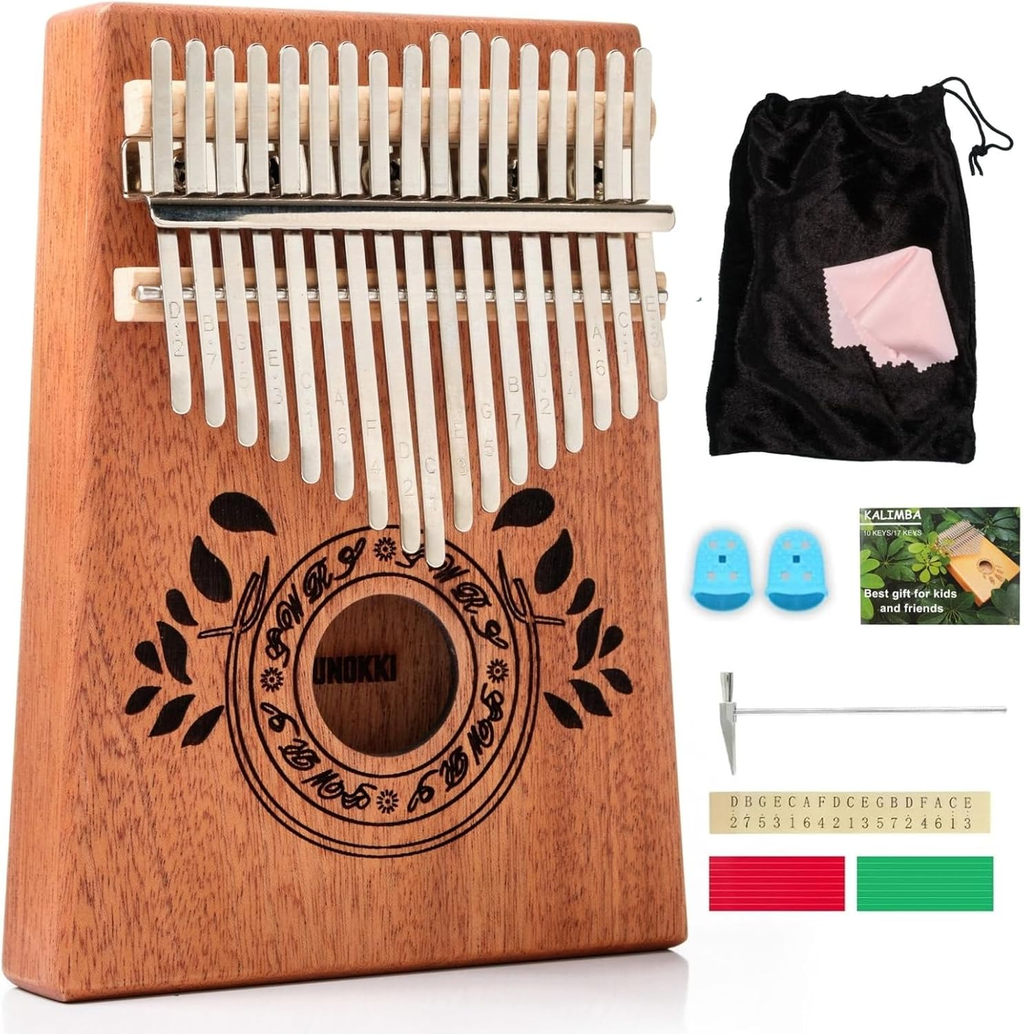 17-Key Kalimba Thumb Piano - Portable Mahogany Percussion Mbira Instrument - Beginner Tuning Set, Music Instruments for Kids Gifts - Light Brown