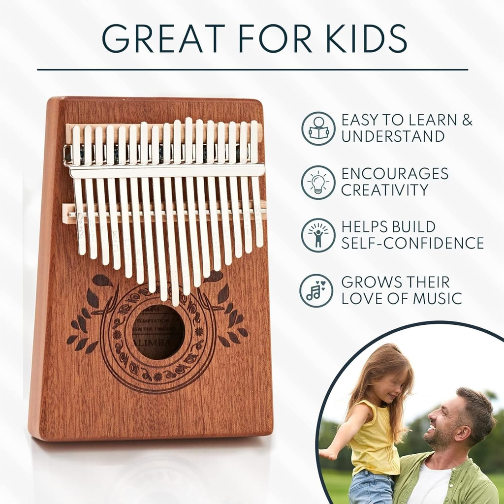 17-Key Kalimba Thumb Piano - Portable Mahogany Percussion Mbira Instrument - Beginner Tuning Set, Music Instruments for Kids Gifts - Light Brown