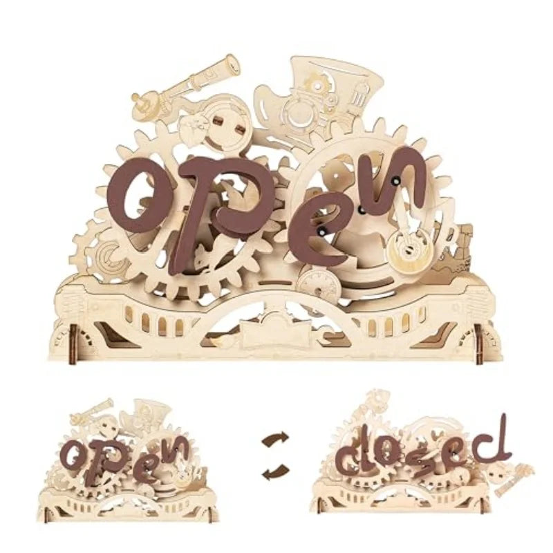 Robotime 3D Wooden Model Kits Open Closed Sign Mechanical Kits Wooden Puzzle