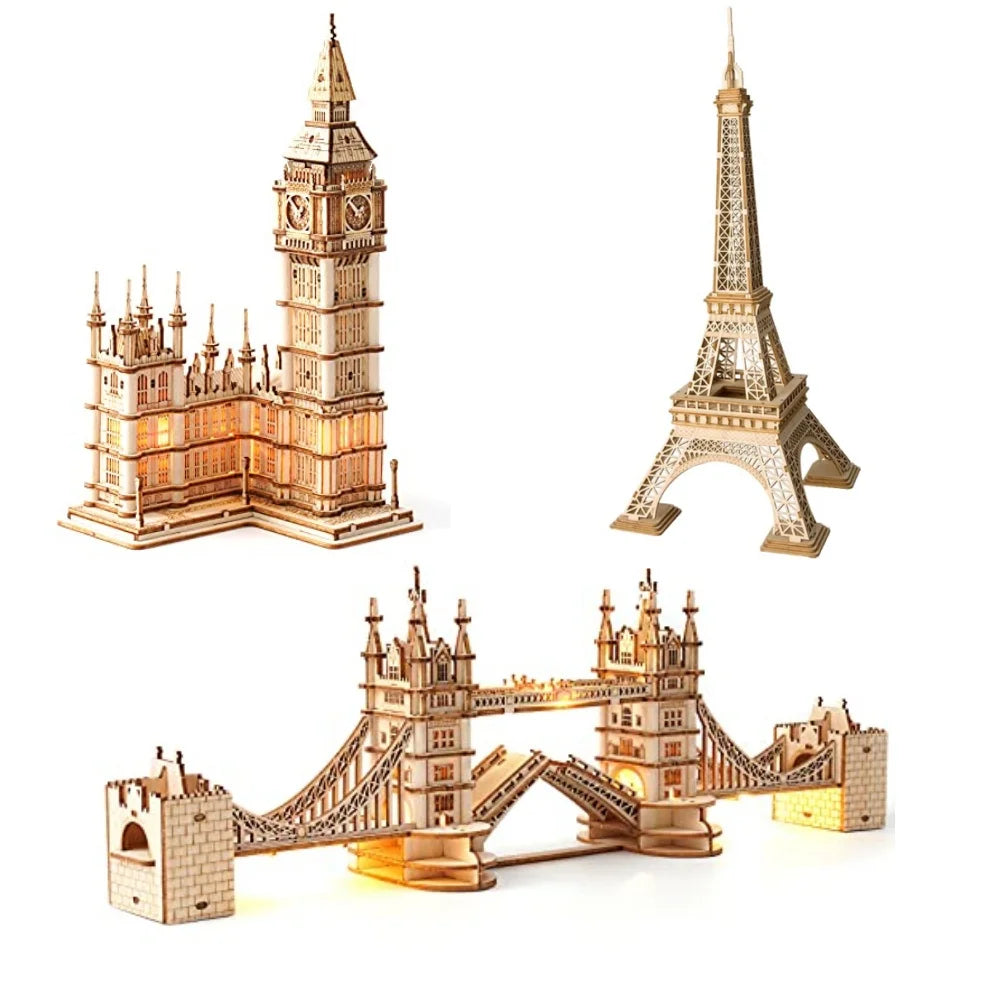 Robotime 3D Puzzle Wooden Kits DIY Tower Bridge Big Ben Set  Eiffel Tower Model Kit