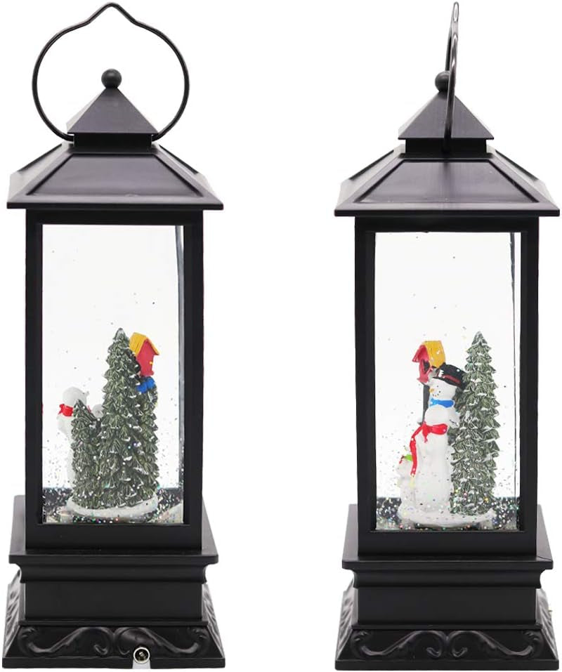 Christmas Snow Globe Lantern with Music, Battery Operated Lighted Swirling Glitter Water Lantern with Timer for Christmas Home Decoration, Snowman
