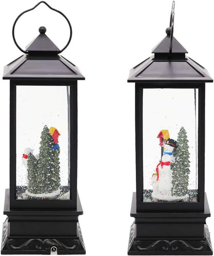 Christmas Snow Globe Lantern with Music, Battery Operated Lighted Swirling Glitter Water Lantern with Timer for Christmas Home Decoration, Snowman